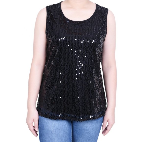 Black Sleeveless Sequined Tank Top With Combo Banding NY Collection Party Life - Picture 2 of 12